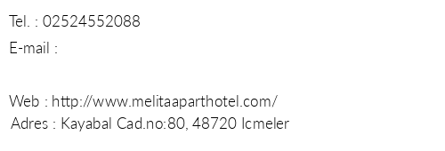 Melita Apart Hotel telefon numaralar, faks, e-mail, posta adresi ve iletiim bilgileri